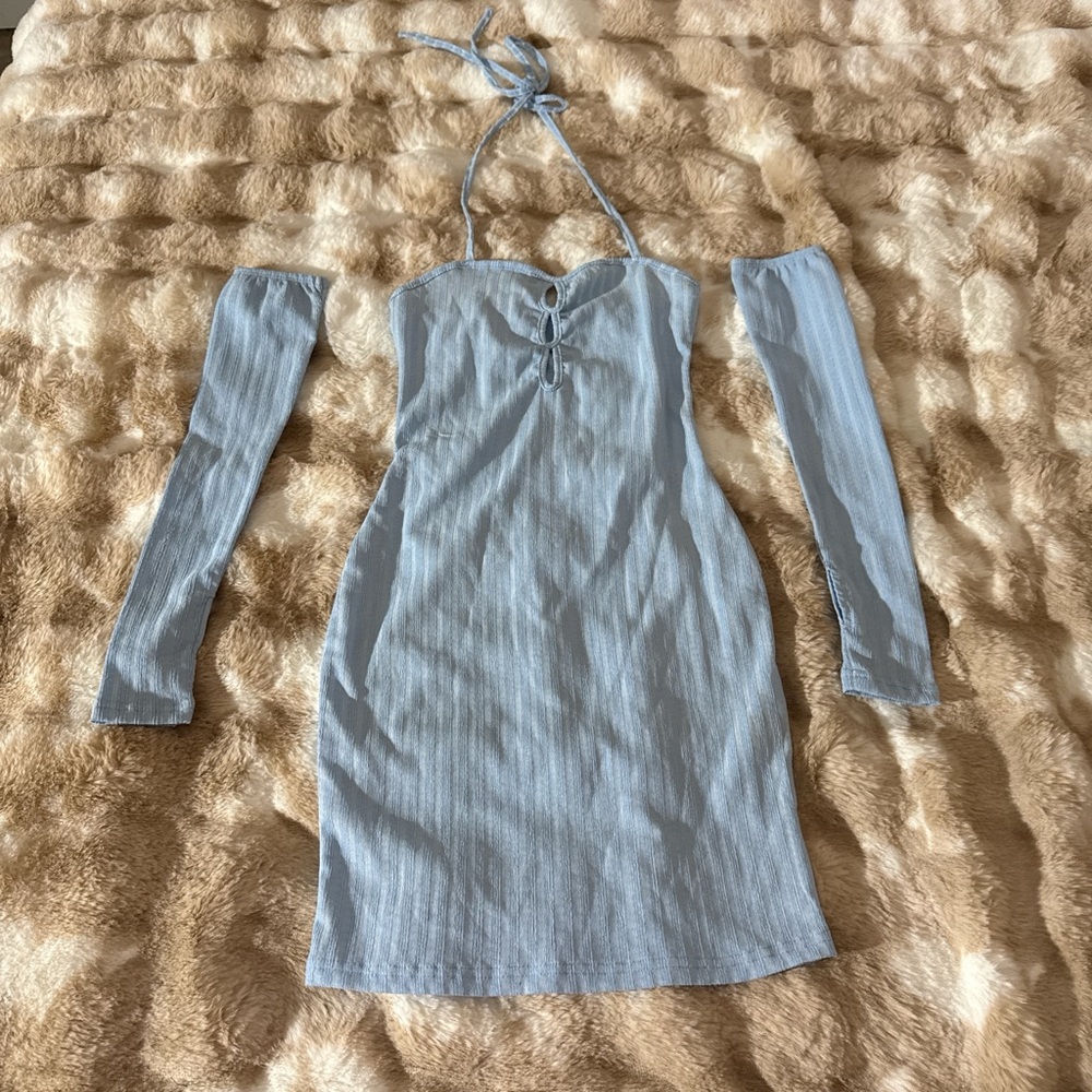 Light Blue Halter Dress with Sleeves